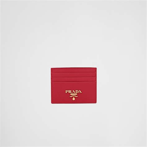 prada textured saffiano leather cardholder red gold card holder